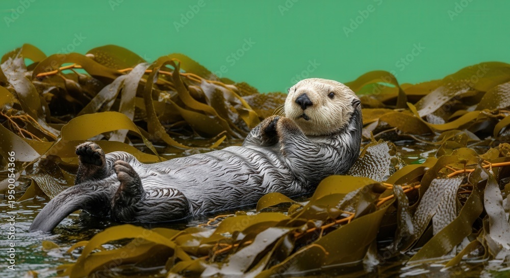 Obraz premium Adorable Otter Relaxing on Seaweed in Coastal Habitat