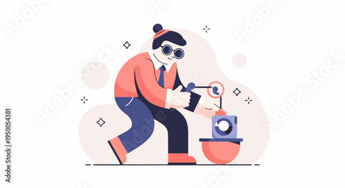 Person in glasses and hat adjusting device with camera and lens