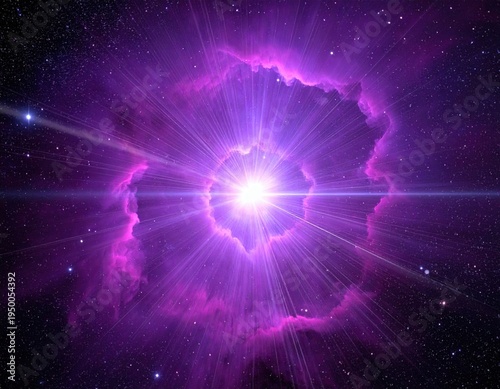 Bright purple cosmic explosion with radiant light bursts and distant stars in a deep space background.