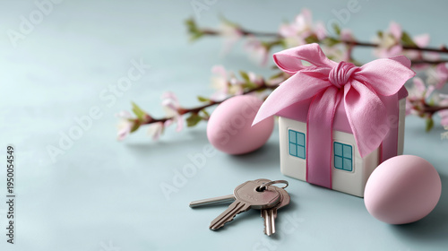 House model wrapped in a pink ribbon with keys, pastel eggs and cherry blossoms on a light blue background, symbolizing gifting, new home ownership and spring real estate, copy space