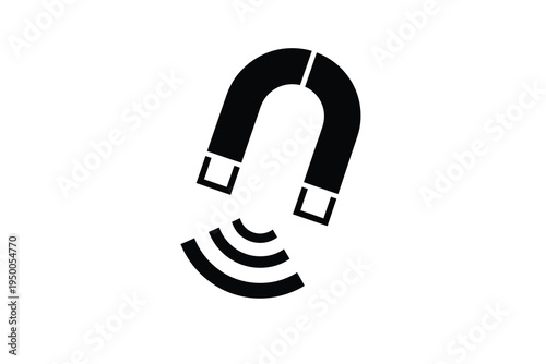 Black and white illustration of a horseshoe magnet with magnetic field lines emanating from it, symbolizing attraction and magnetism in physics and technology.