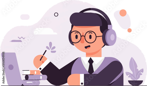 Person in headphones studies on laptop with books and pen