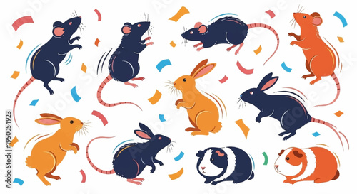 Colorful cartoon rabbits and mice celebrate with confetti on white background