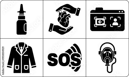 A set of six black and white icons depicting various medical and communication symbols, including a doctor's coat, SOS signal, and a person wearing a headset, all in silhouette.