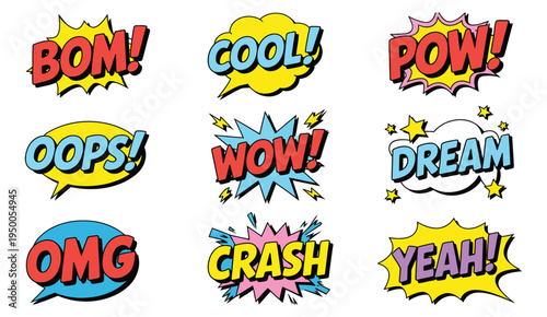 Comic Speech Bubbles and Sound Effects Vector featuring retro pop art text WOW, OMG, and POW, colorful illustration for comic book, cartoon, and graphic design.