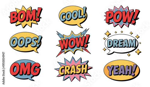 Comic Speech Bubbles and Sound Effects Vector featuring retro pop art text WOW, OMG, and POW, colorful illustration for comic book, cartoon, and graphic design.