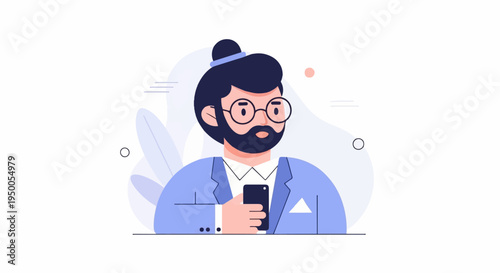 Modern illustrated man with beard, glasses, and phone, against abstract background