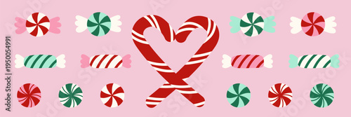 Candy canes red heart, peppermint sweets clipart set. Christmas candy canes on pink background. Vector design for greeting cards, decor and banners