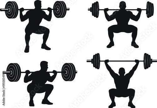 Weightlifting squat exercise silhouette set strong athlete lifting barbell gym workout power training fitness bodybuilding vector illustration isolated