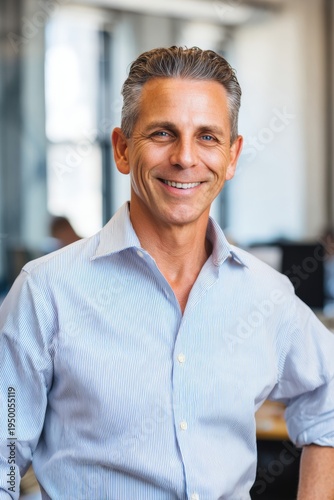 Confident man smiles warmly in modern office setting. He wears light blue patterned button-down shirt. Cropped sleeves and open collar add casual charm