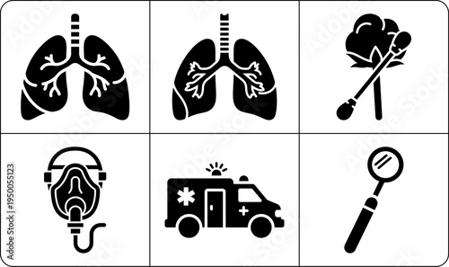 A collection of medical icons in silhouette mode, featuring lungs, ambulance, magnifying glass, and more, representing healthcare and medical concepts.