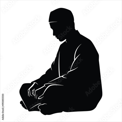 A minimalist black silhouette of a muslim man sitting in a meditative posture of prayer or dhikr