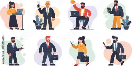 Flat illustrations of business people working and holding devices