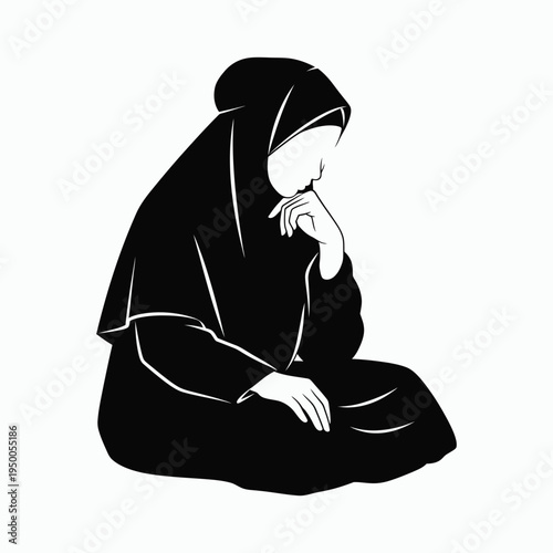 A minimalist black and white illustration of a pensive muslim woman wearing a traditional hijab