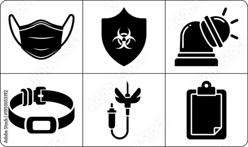 A set of medical and safety icons in silhouette mode, including a biohazard shield, face mask, siren, prong collar, IV pole, and clipboard, used for healthcare and emergency response.