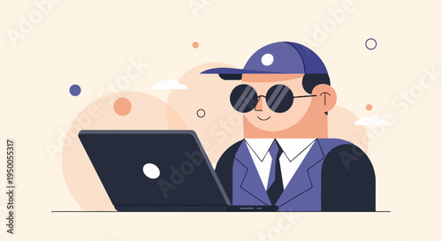 Modern illustration of a man in a suit and hat using a laptop