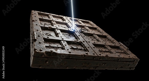 Ancient metal door with bolts and details illuminated by light beam