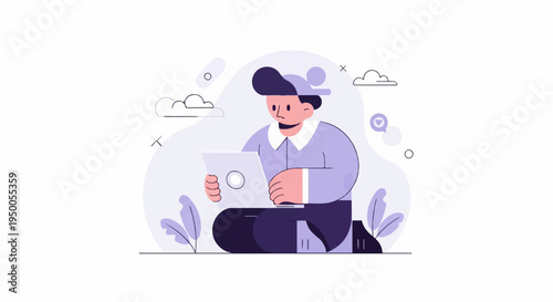 Modern illustration of a person sitting and working on a laptop