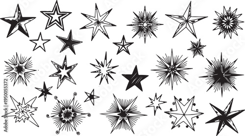 Doodle Chalk Stars and Hand Drawn Black Sketch Star Vector Set
