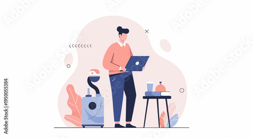 Modern illustration of a person using a laptop, with a robot and a small table