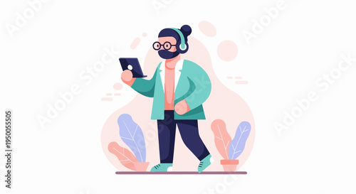 Modern individual in headphones walks while looking at a tablet