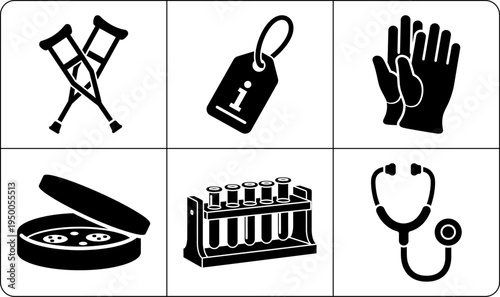 A collection of medical icons in silhouette, featuring crutches, gloves, stethoscope, pills, test tubes, and identification tag, representing healthcare and medical concepts.