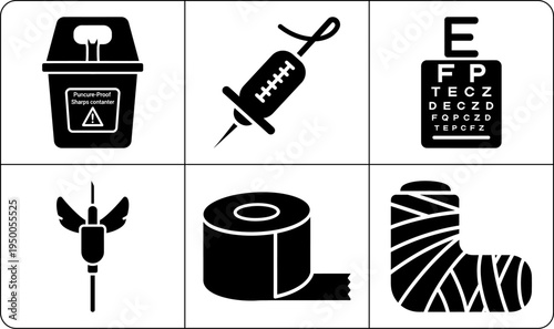 A collection of medical icons in silhouette, featuring a biohazard bucket, syringe, eye chart, bee, duct tape, and bandaged finger, used for health and medical concepts.