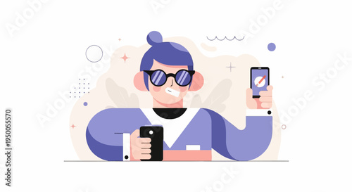 Modern illustration of a person in sunglasses holding two smartphones