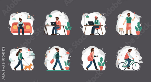 Modern lifestyle activities illustration with people indoors and outdoors