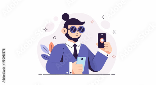 Modern man in suit and sunglasses takes selfie with phone showing chart