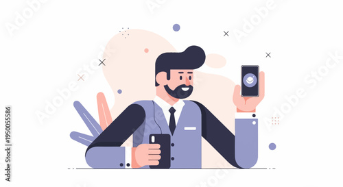 Modern man in suit holding phone with app icon, abstract shapes