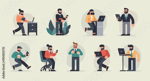 Modern office workers using technology in various poses