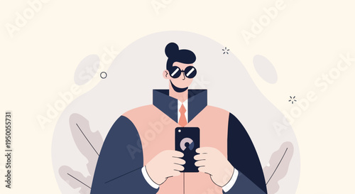 Modern person in stylized clothing with sunglasses, using a smartphone