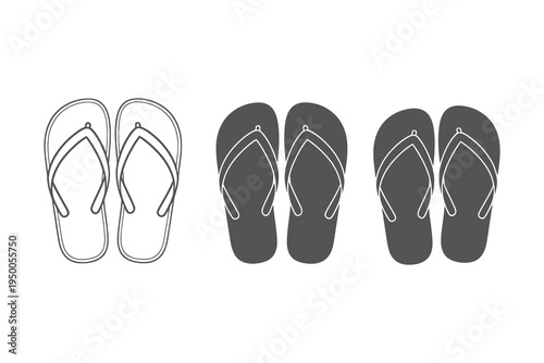 Three pairs of flip flops in different shades and line art styles on white background for summer footwear and fashion design concepts.
