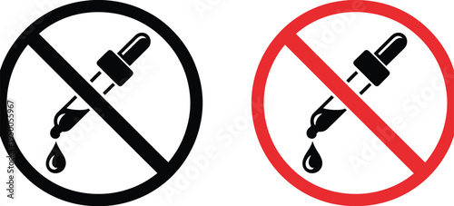 No, liquids icon set with prohibition symbols, crossed droppers in black and red circular warning style, representing liquid ban, hazard, and safety alert, clean modern flat vector design