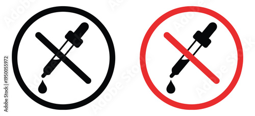 No, liquids prohibition sign icon set featuring crossed dropper symbols in black and red circular warning styles, safety and restriction concept, modern flat vector illustration for public, industrial