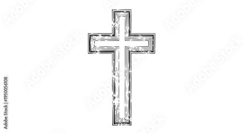 Vintage cross vector, worn effect, fine lines, 1950s inspiration, sepia color palette