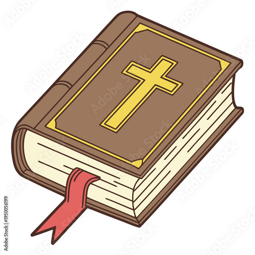 A closed Bible with a brown cover, a gold cross on the front, cream-colored pages, and a red ribbon bookmark hanging from the bottom.