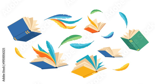 Flying Open Books and Colorful Feathers for World Book Day Concept Illustration