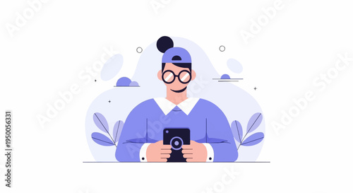 Person in blue outfit wearing glasses and cap, holding phone