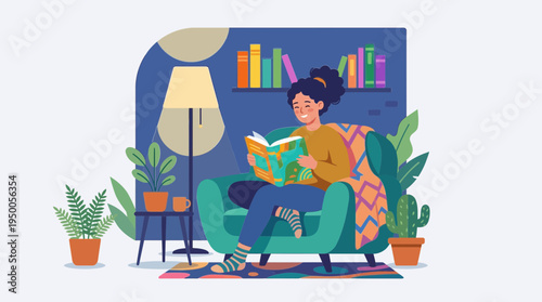 Smiling Woman Reading Book on Comfortable Armchair at Home for World Book Day Concept