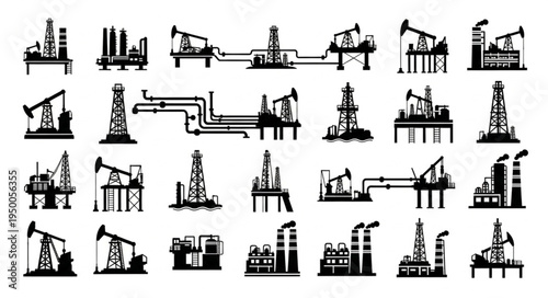 Silhouetted Oil Rigs and Industrial Structures - A Collection of Energy Production Icons.