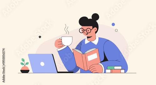 Person in blue shirt reading and drinking from mug, laptop nearby