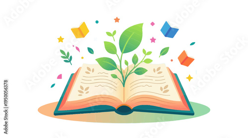 Open Book with Growing Green Plant Illustration for World Book Day and Education Concept