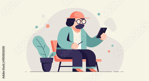 Person in hat and glasses sits with tablet and pen, near potted plant