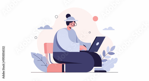 Person in hat and glasses types on laptop while sitting