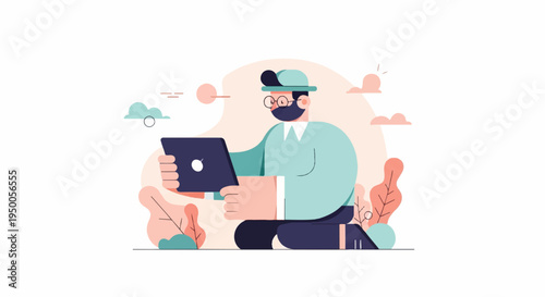 Person in hat and glasses uses laptop outdoors among stylized plants and clouds