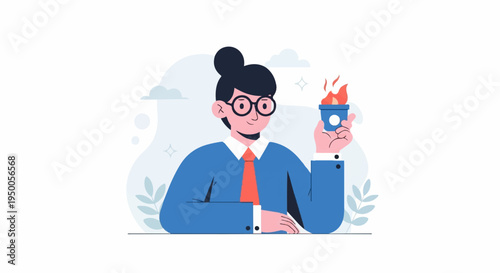 Person in blue suit with orange tie holds up a steaming blue cup