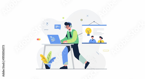 Person in headphones works on laptop near presentation screen