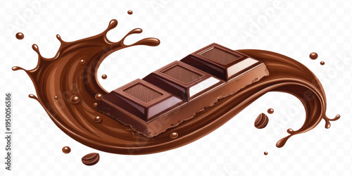 realistic 3d liquid chocolate splash with chocolate bars in curve style isolated on transparent background
